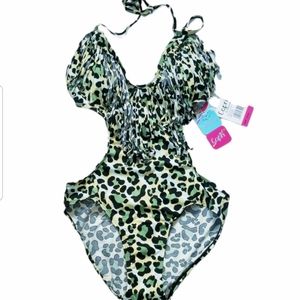 NWT Capri Swimwear Animal Print Fringe Cut Out Open Back One Piece Swims…
